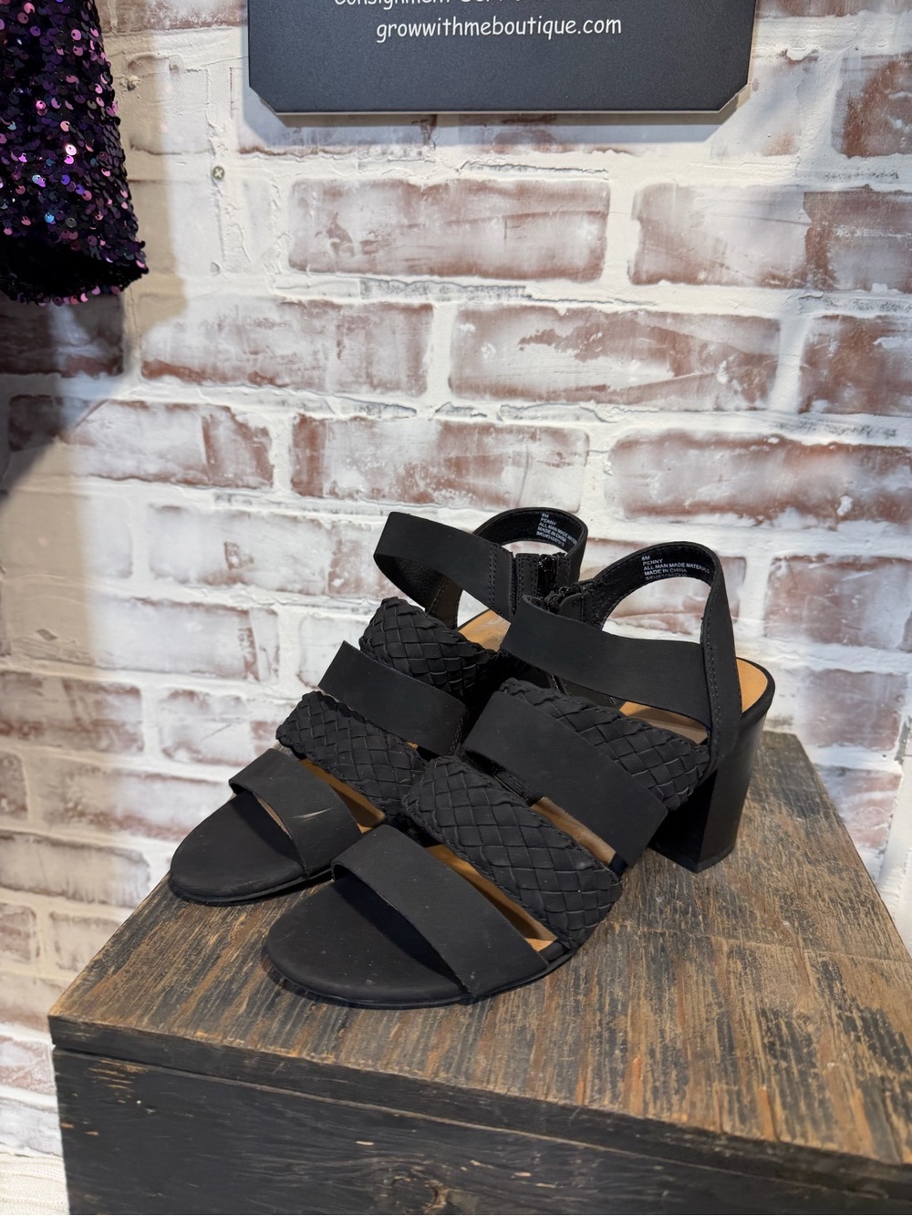SM New York penny Black Woven Strappy Block Heel Sandals